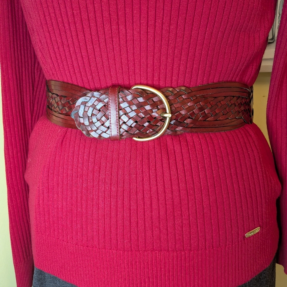 Vintage Lord & Taylor BURGANDY RED Leather Woven Belt with Brass Buckle